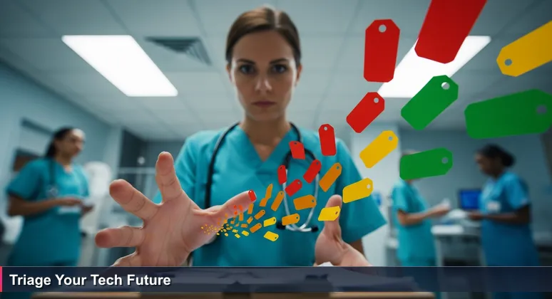 A low-angle view of a triage nurse's hands over color-coded tags on a clipboard in a bustling ER, symbolizing urgent career decisions for AI bootcamp selection in Santa Clarita.
