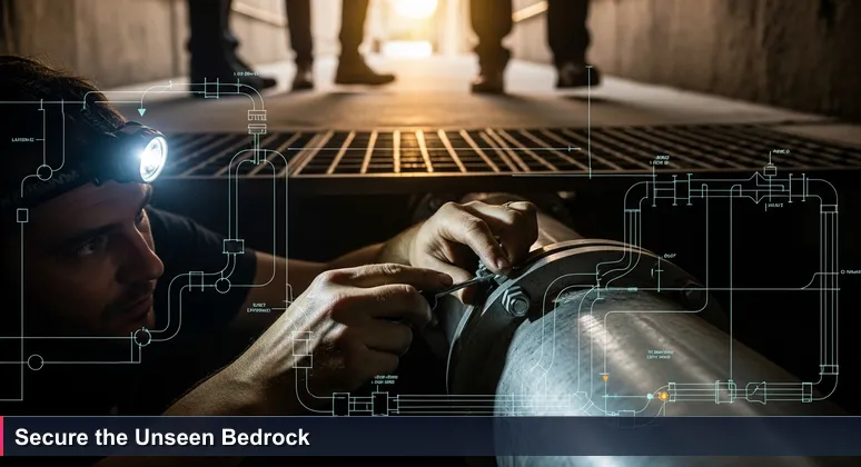 Close-up of hands tightening a bolt on a steel pipe in an underground tunnel, symbolizing hidden cybersecurity roles protecting Santa Clarita's critical infrastructure.