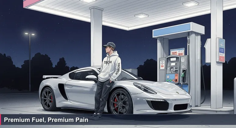 A tech professional in casual wear looks concerned at a gas pump with rising costs, next to a sleek sports car in Santa Clarita, symbolizing the affordability challenge.