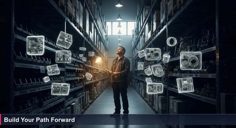 A determined person in a hardware store aisle, holding a leaky pipe fitting, looking up at shelves of tools, symbolizing free tech training choices in Santa Clarita.