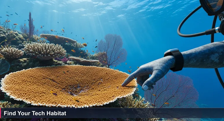 A scuba diver's hand gently touches vibrant coral on a reef, symbolizing the search for the ideal tech coworking space in Santa Clarita, California.
