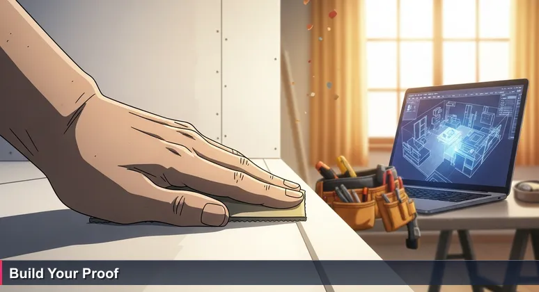 Close-up of a hand feeling a smooth drywall seam, with tools and laptop in background, symbolizing skill-based tech careers in Santa Clarita for 2026.