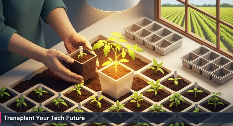 Hands transplanting a young seedling from a pot to soil, symbolizing career growth for junior developers in Santa Clarita tech startups.