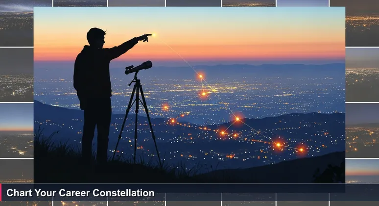 Woman on a Santa Clarita hill using a telescope to map city lights like constellations, representing career navigation in tech for women.