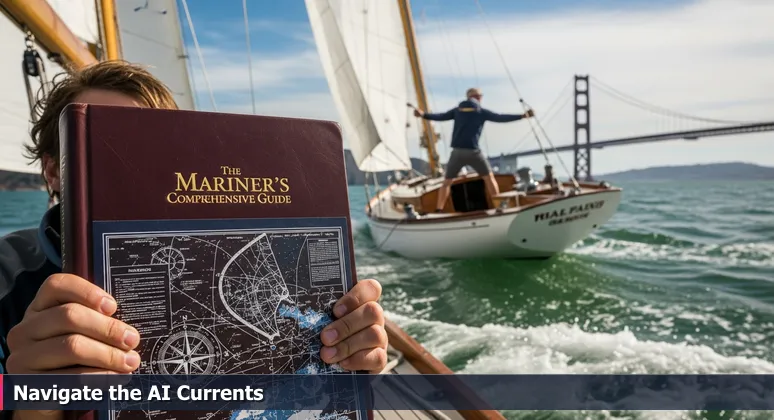 Illustration of a novice sailor struggling on San Francisco Bay next to a confident sailor, representing the journey to AI career mastery in Oakland's tech ecosystem