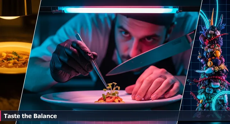 A chef's hands carefully plating a gourmet dish with tweezers, with a simple bowl and an elaborate dish in the background, symbolizing nuanced evaluation of tech compensation packages.