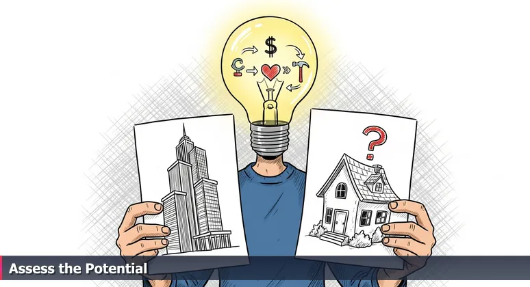 Hands comparing a glossy San Francisco condo photo and an annotated Oakland craftsman blueprint, symbolizing tech career choices between polish and potential.