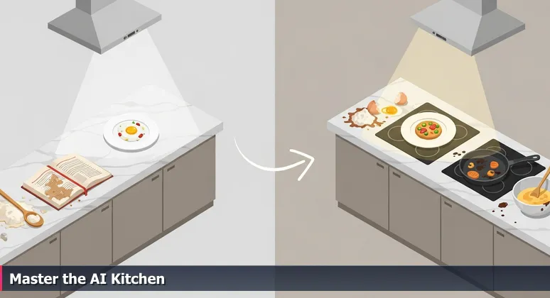 A split image showing a perfect dish on one side and a messy kitchen counter on the other, symbolizing the journey from following recipes to mastering AI engineering in Oakland.