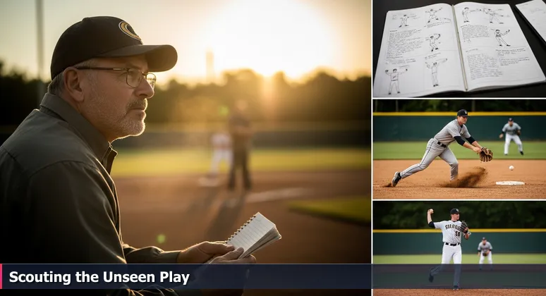 A baseball scout watches a shortstop field a grounder on a dusty infield, symbolizing the search for under-the-radar AI talent in Oakland.