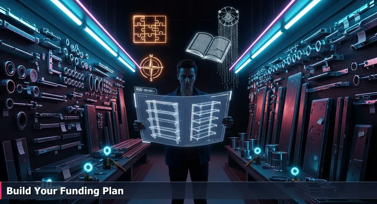 A determined person in Oakland, CA holding a blueprint for tech training funding, surrounded by icons representing scholarships, grants, and employer benefits, symbolizing career building in the Bay Area.