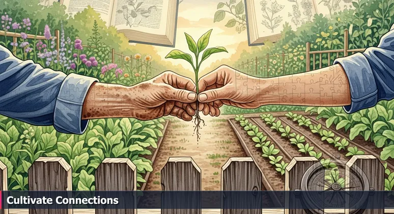 Two hands exchanging a green seedling over a fence at dusk, symbolizing knowledge sharing in Oakland's AI networking community for 2026 career growth.