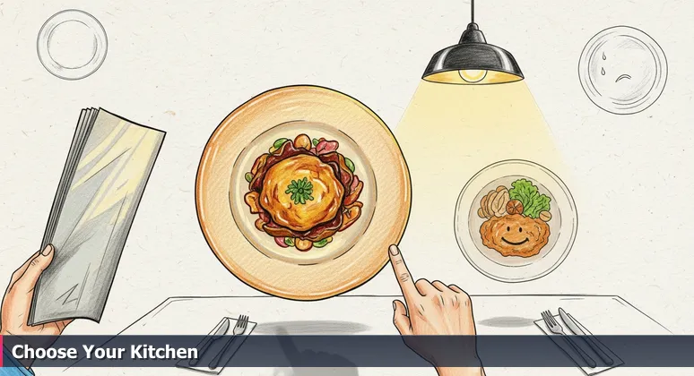 A person in an Oakland restaurant holds a menu, hovering between 'Chef's Special' and 'Local Favorite', symbolizing career choices in AI engineering.