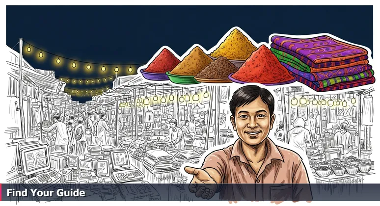 A bustling night market scene symbolizing Oakland's tech job market, with a guide offering direction through crowded stalls under string lights.