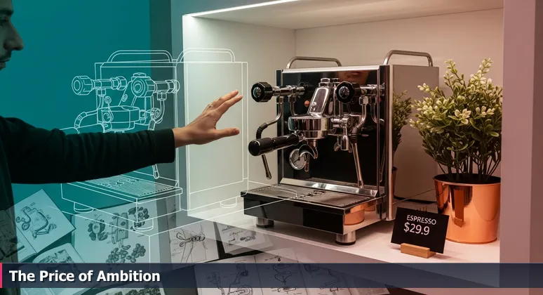 A hand reaching out to touch a shiny appliance in a store, with the price tag hidden and a reflection showing a contemplative face.