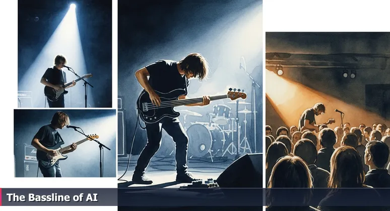Concert scene with guitarist in spotlight and bassist in shadows, symbolizing hidden AI job opportunities in Oakland's foundational industries.