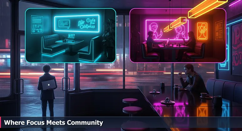 A tech professional in Oakland hesitates between a quiet focus pod and a collaborative networking area in a modern coworking space, symbolizing the choice between isolation and community.