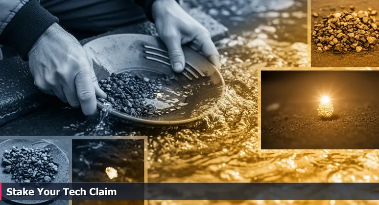 Close-up of hands sifting for gold with a pan in a cold Sierra stream, symbolizing the search for tech jobs without a degree in Oakland's 2026 market
