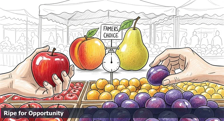 Hands at Temescal Farmers Market in Oakland selecting fruit, symbolizing the careful choice of tech startups for junior developers seeking growth.