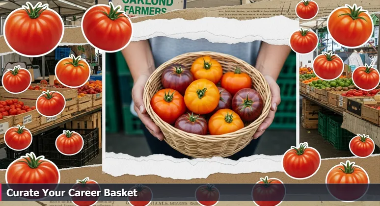 Hands holding a wicker basket overflowing with ten heirloom tomatoes at an Oakland farmers market, symbolizing the abundance of women in tech resources to choose from.