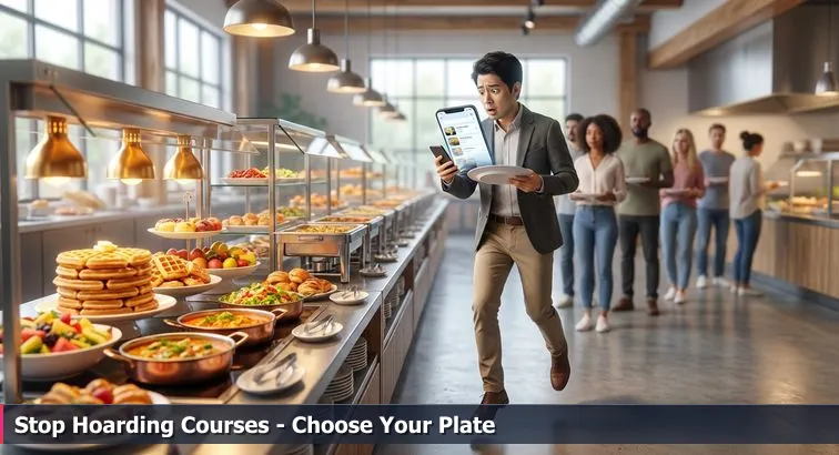 Person holding an empty plate at a buffet-style table of coding-themed dishes, looking thoughtful and choosing which plate to pick.