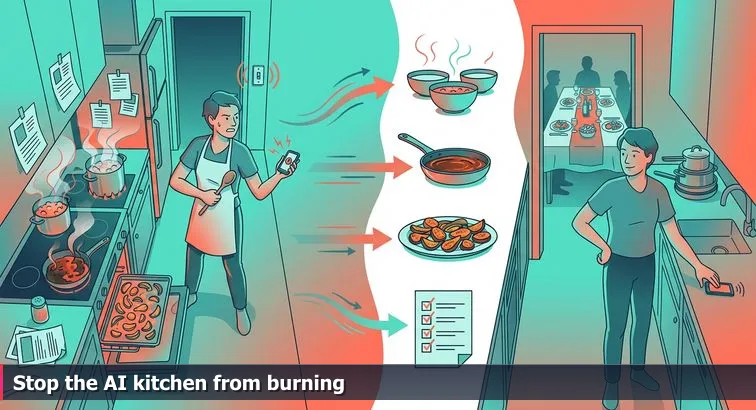 Split-scene illustration: a cluttered kitchen representing the Node backend on the left and a calm dining room with a React chat UI on the right, connected by glowing token-like streams.