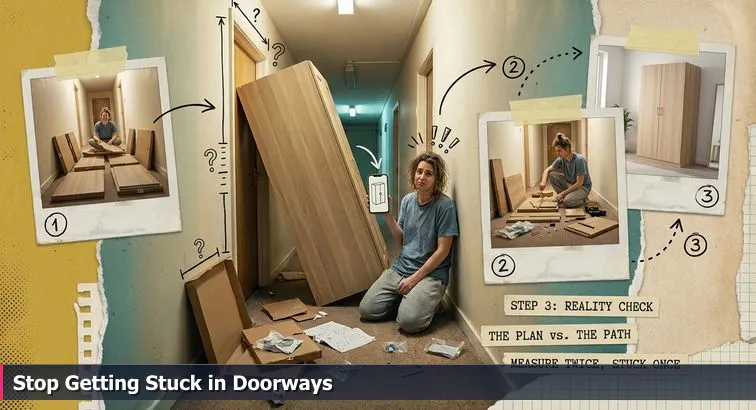 Developer struggling to push a large wardrobe through a narrow hallway while a small robot holds glowing translucent data panels; a laptop with blurred code sits nearby.