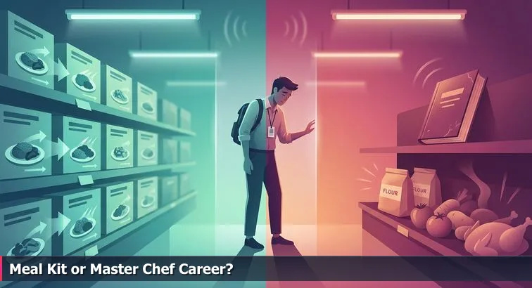 Tired person in a grocery aisle at night weighing neon meal kits against raw ingredients and a cookbook, symbolizing the bootcamp vs degree choice.