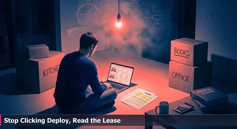 Late-night developer at a desk with a laptop, many open tabs, printed floor-plan sketches and sticky notes, a coffee cup and lamp - visualizing deployment choices.