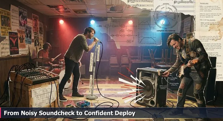 Developer at a dim mixing desk with a laptop, tangled cables, and stacked shipping-container crates nearby, focused and adjusting knobs under warm stage lights.