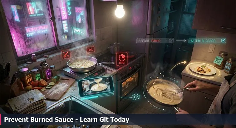 Warm, slightly cluttered kitchen workspace with a laptop displaying a Git branch graph, a notebook of commit notes, and cookware nearby.