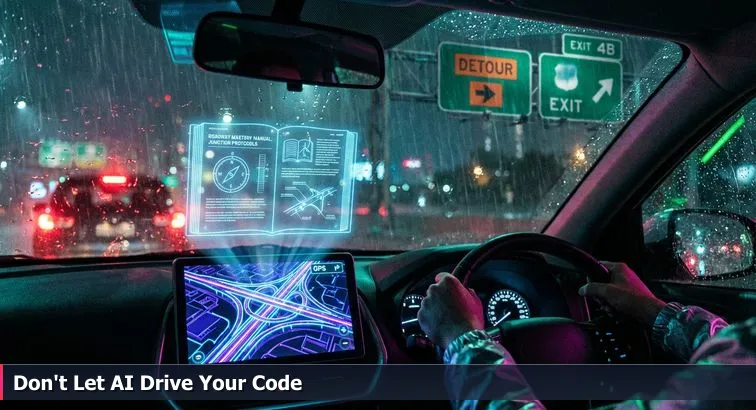 Hands on a steering wheel at night, rain streaking the windshield, a glowing GPS-style screen on the dashboard and a blurred overhead highway sign ahead.