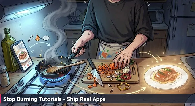 Late-night workspace with a laptop displaying code, a coffee cup, sticky notes, a kitchen timer, and a dim clock - conveying focused, tired-but-determined coding.