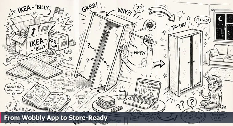 Late-night developer at a cluttered desk with laptop, smartphone, and scattered tools, looking determined but tired as they work on a mobile app.