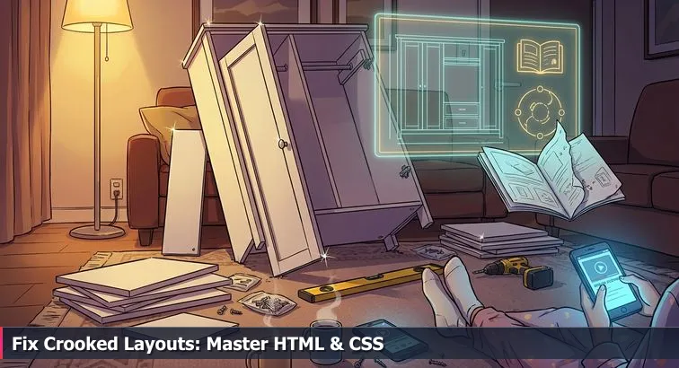 Half-assembled wardrobe with one crooked door, scattered screws and tools on the floor, a laptop with a glowing screen nearby, and a hand holding a bubble level against the door.