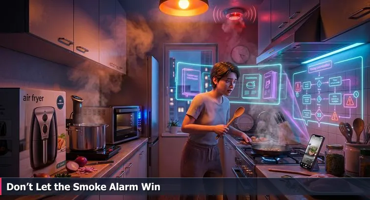 A frazzled cook in a cramped kitchen juggling a smoking pan while five distinct workstations run in the background and a small robot sous-chef assists.