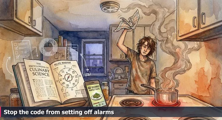 A frazzled developer in a smoky kitchen leans over a laptop showing JavaScript code; a blinking smoke alarm and a smartphone sit nearby, mood urgent and tense.