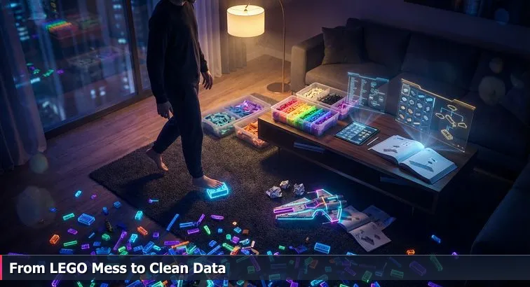 Evening scene of a messy living room floor strewn with LEGO bricks, labeled storage bins and a small tray of sorted pieces, with a laptop showing JSON-like code nearby.