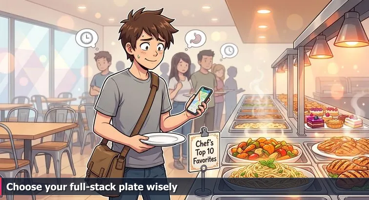 A learner at a buffet-style table selecting a small plate with stylized icons for frontend, backend, cloud, and AI.