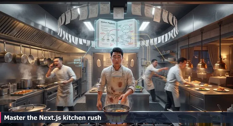 Developer in a chef’s apron at a laptop, surrounded by floating code snippets, UI fragments, and paper tickets representing incoming requests.