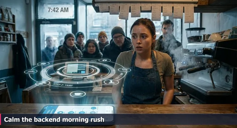 Busy café counter scene: a stressed barista glances at a phone while an espresso machine steams, a laptop with code sits open nearby, and a line of customers waits.
