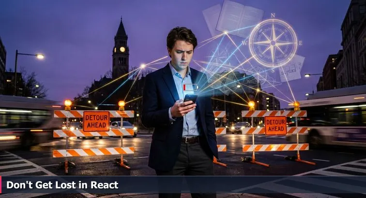 Smartphone map illustration showing a frozen blue GPS dot, low battery indicator, and stylized UI-component buildings representing React concepts.