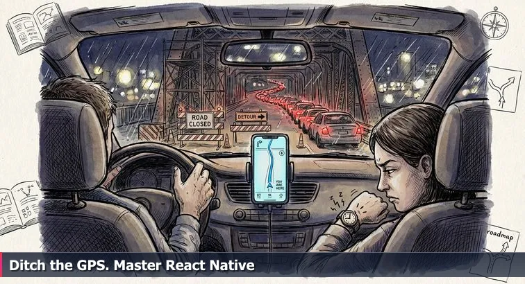 Developer holding a smartphone in a car, phone shows a map with a blocked bridge icon and a route recalculating; rain outside and blurred traffic, focused mood.