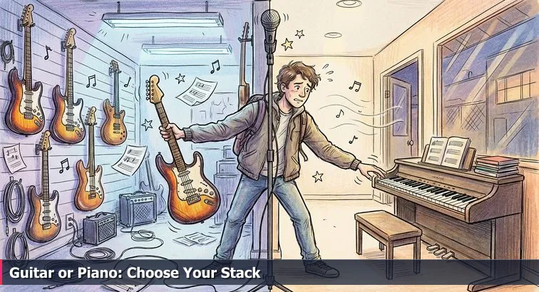 A thoughtful scene in a dimly lit music store: a person stands between a wall of electric guitars and a glowing digital piano, holding a smartphone showing app screens.