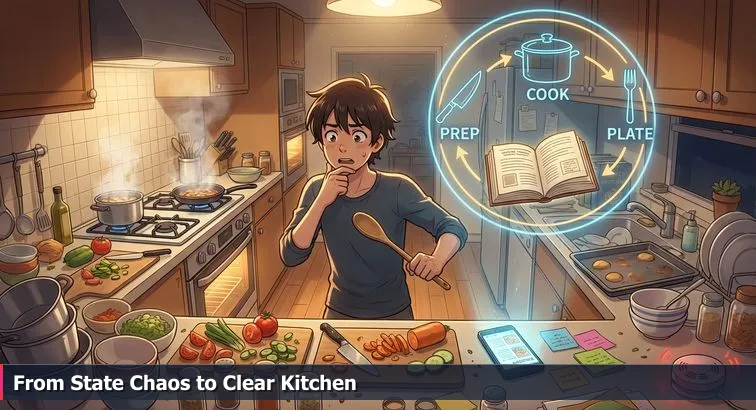 A developer at a cluttered kitchen table with a laptop, notes, and open containers suggesting different types of state; mood is focused and hopeful.