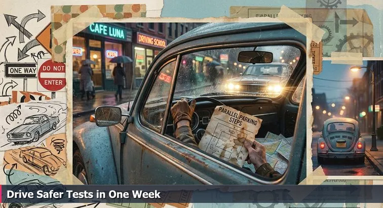 Developer at a desk with a laptop, a small toy car and a rearview mirror on the table, and blurred city traffic visible through the window.