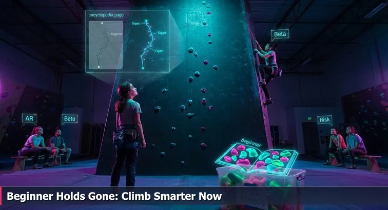 A developer standing under a nearly bare climbing wall, removed beginner holds in a bin, laptop showing code open beside them.