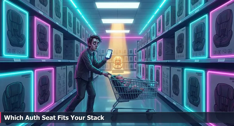 Person in a store aisle comparing child car seats, holding a seat and a laptop, anxious but determined expression; nearby shopping cart contains a toy robot seated in a sample seat.