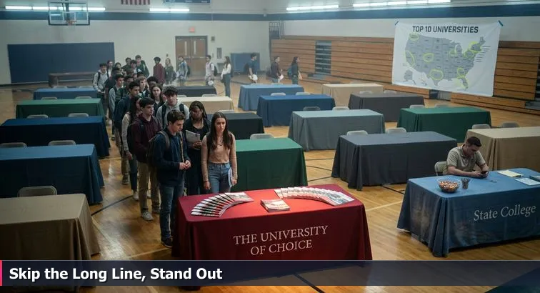 High-school gym turned job fair: crowded line at popular tech booths, an empty table with a candy bowl, and a developer holding a portfolio - tense, anticipatory mood.