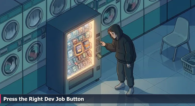 Late-night scene of a person in a hoodie choosing a numbered slot in a glowing vending machine next to a laptop displaying code.