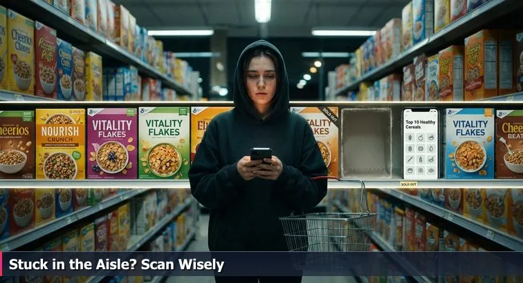 A tired job-seeker in a fluorescent supermarket aisle studying colorful boxes that subtly resemble tech products, holding a crumpled internship list and a glowing handheld scanner.